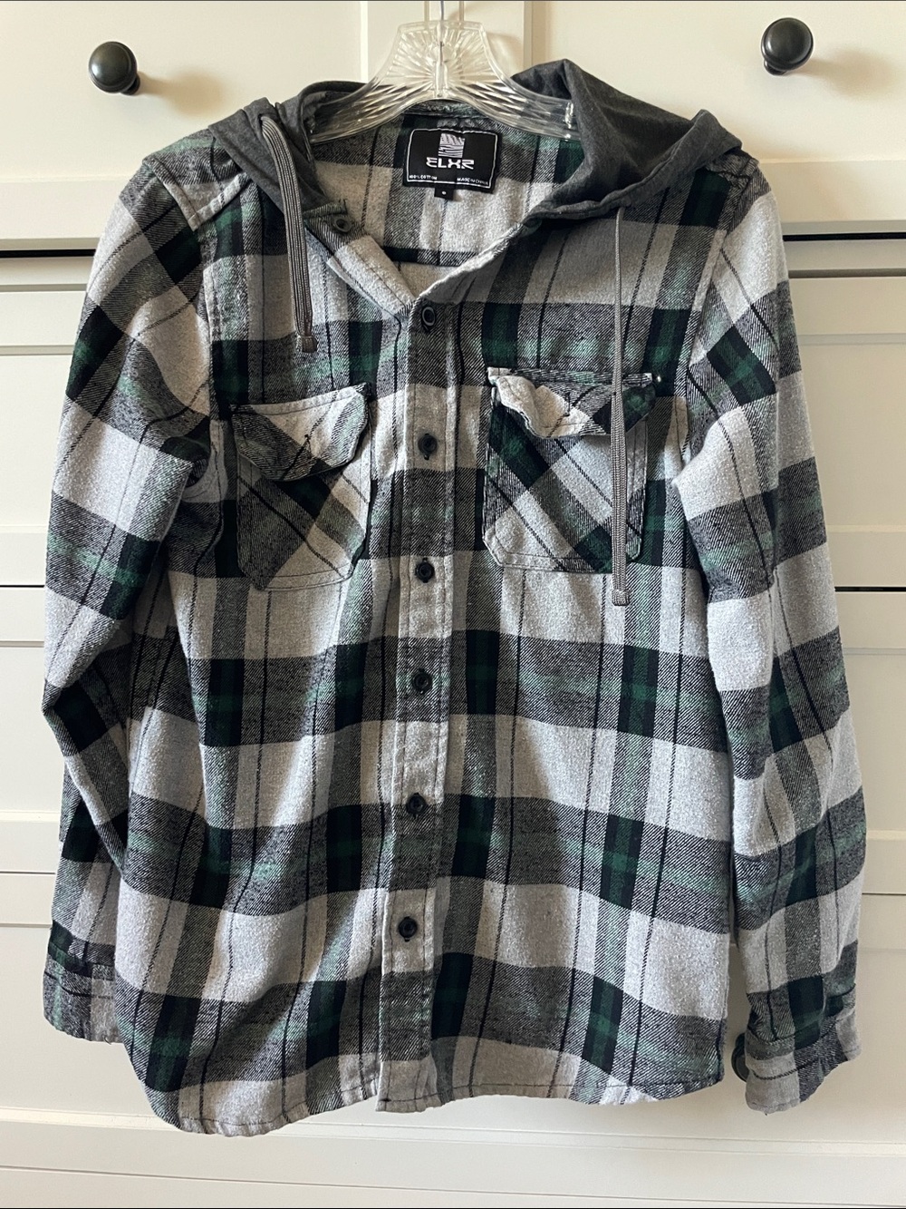 ELXR Men’s Gray Hooded Plaid Flannel Button Down Shirt - Small